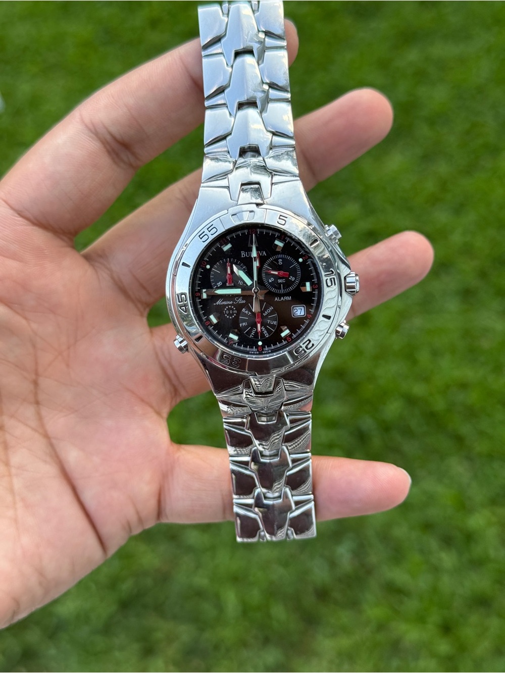 Bulova marine star Silver men’s Watch with Black Dial and Red Accents